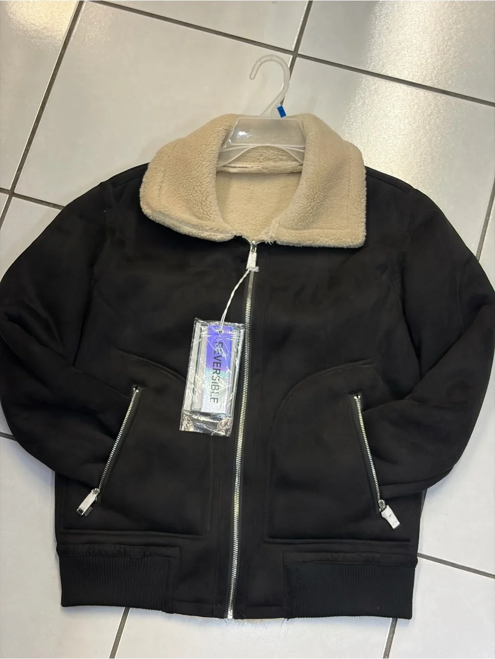 Men's Black Jacket with Cream Sherpa Collar - Reversible